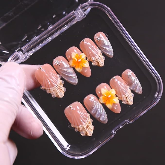 Women Press On Nails - Medium Length Almond False Nails 10Pcs Luxury Handmade 3D Painting Art ABS Acrylic Artificial Fingernails (Size S)