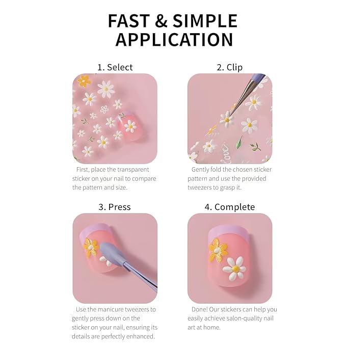 Nail Stickers, 4 Sheets Floral 5D Embossed, Self-Adhesive for DIY Manicure