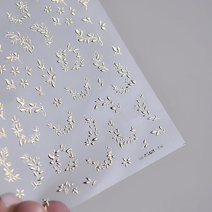 2Sheets Valentine's Day Floral Nail Art Stickers, Metallic Golden Leaves Dried Flowers Design Nail Decals