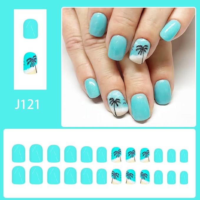 Summer Press on Nails Short Square Fake Nails Coconut Tree Seaside False Nails for Women Blue Glue on Nails Cute Glossy Artificial Nails Press ons Summer Fake Nails Manicure Kit 24Psc
