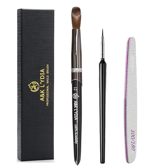 A&K L'YDIA Acylic Nail Brush-2pcs Pure Konlisky Sable hair Crimped Oval Nail Art Brush Black Metal handle with Nail Files for Professional acrylic Application Manicure Crystal Powder Pedicure