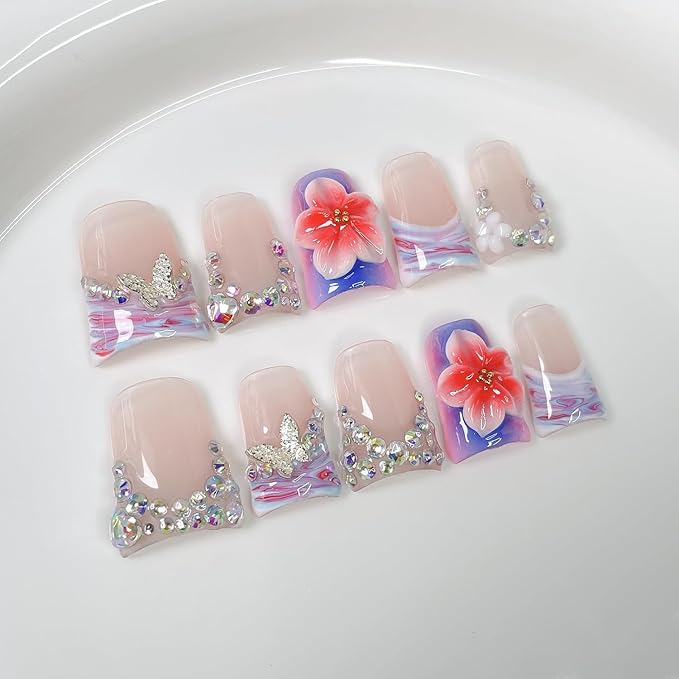 Duck Handmade Press on Nails Colorful Rhinestone & Butterfly Designs 3D Luxury Gradient Flower False Nails Muti-Layer Gel Acrylic Nail Full Cover Short French Tip Fake Nails for Women（M)