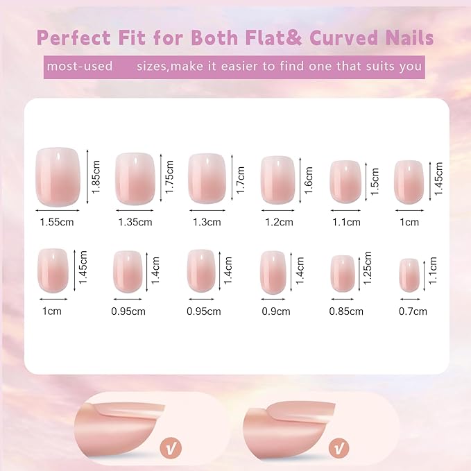 Ombre Press On Nails - 240Pcs Square Short Press on Nails, White Nail Tips Pink White Gradient Soft Gel False Nail Tips Salon Perfect Fake Nails Kit Extensions DIY (Extra Short Square)