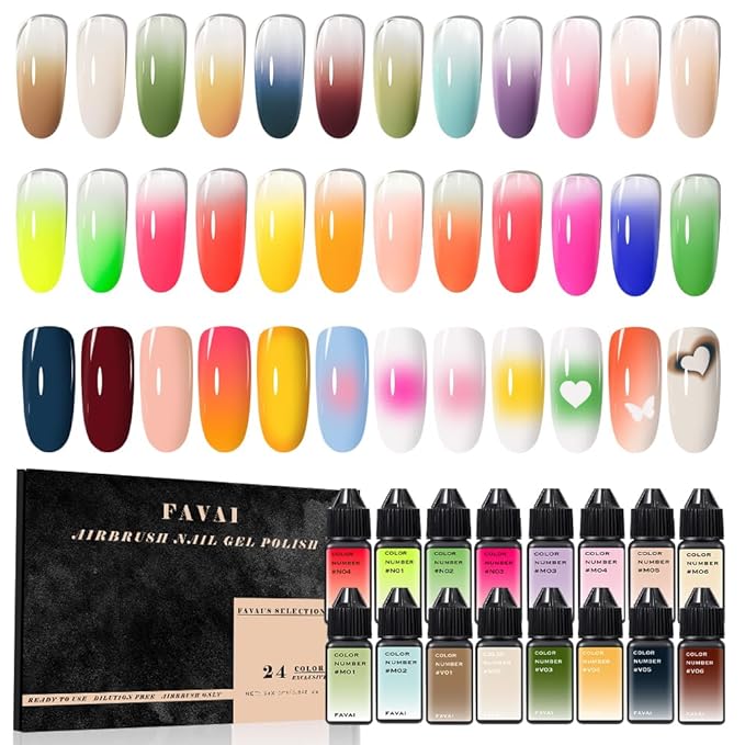 FAVAI Airbrush Gel Nail Polish, 24 Colors, No Dilution,Acetone-Free,French Manicure,Ombre Nail Art,DIY,Salon Quality Nail Supplies,Perfect Gifts for Girls & Women