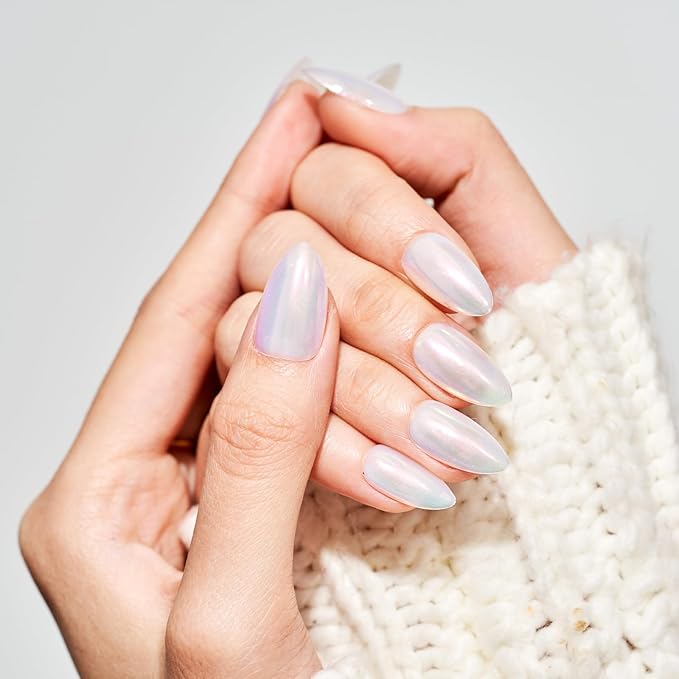 GLAMERMAID Chrome Pearl White Press On Nails Short Almond, Mirror Powder Handmade Soft Jelly Gel Fake Nails, Donut Glazed Round Oval Stick Glue on Nails Kit for Women, Reusable Acrylic False Nail Set