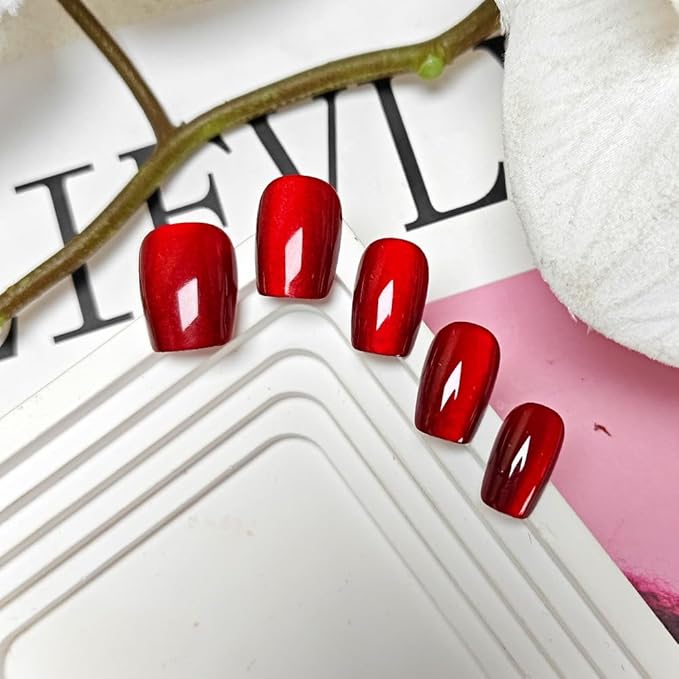 Red Fake Nails Short Cat Eye Press on Nails Wine Red False Nails Press ons Glossy Acrylic Artificial Nails Solid Color Glue on Nail for Women Girls Nail Decoration 24Pcs