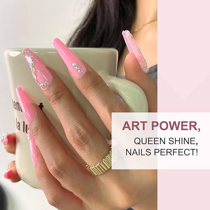 Artquee 24Pcs Pink Coffin Press on Nails Long Fake Nails with Rhinestones Design Reusable False Nail Art Manicure Stick on Nails Kit for Women