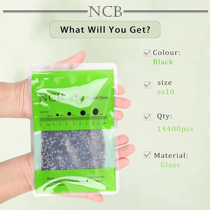NCB 14400pcs Hotfix Crystal Rhinestones for Clothes Crafts, Hot Fix Bulk Flatback Crystals, Iron on Hotfix for DIY Decoration 100 Gross (Black, ss10/14400pcs)