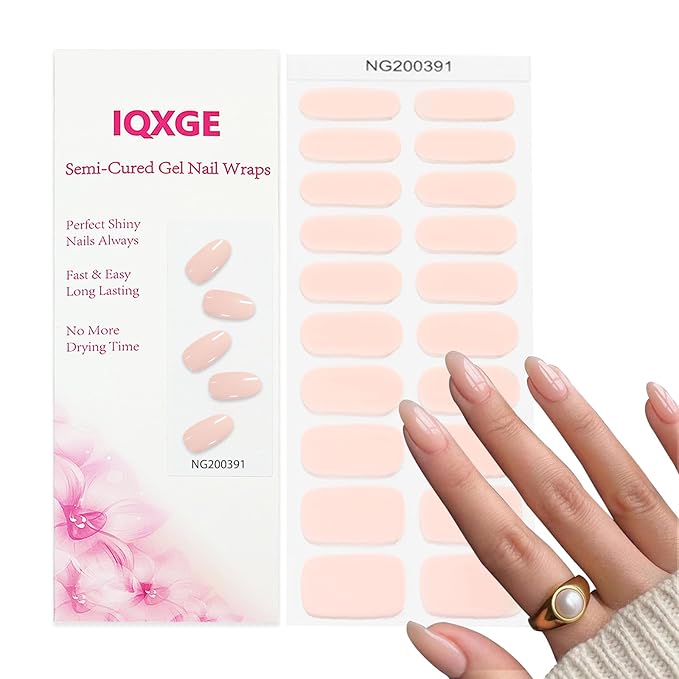 20Pcs Semi Cured Gel Nail Strips Nature Nude Gel Nail Stickers UV/LED Light Needed Full Polish Nails Wraps Gloss Nails Polish Strips for Women Includes Prep Pads, File, Wooden Cuticle Stick