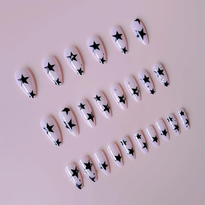 Black Star Press on Nails Medium Almond Fake Nails Nude Pink with Rhinestone Design Stick on Nails Full Cover Acrylic Nails Star False Nails Glitter Luxury Glue on Nails for Women DIY Manicure 24Pcs