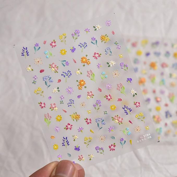 Flower Nail Stickers Colorful Plant Nail Decals Floral Nail Decals with Design 5D Embossed Self Adhesive Spring Summer Nail Charms for Women Girls Kid Manicure Supply Decoration Accessories