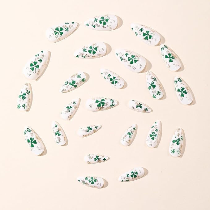 24Pcs St. Patrick's Day Press on Nails Medium Almond Fake Nails Lucky Clover Full Cover Spring False Nails Glitter Gold Acrylic Nails Irish Shamrock Glue on Nails Glossy Artificial Stick on Nails Set