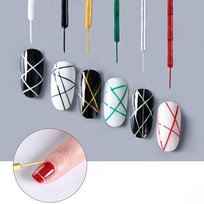 Nail Art Liner Gel Polish Set, 12 Colors Kit With Neon Pink Green Painting and Thin Brush, Soak off Black White Drawing for French Tips, Wave Swirls Nail Design