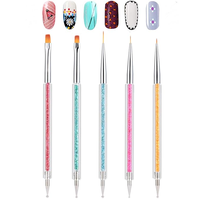 TEOYALL Double-Ended Nail Art Brushes, 5 PCS Nail Design Tools Kit Including Nail Liner Brush and Nail Dotting Pens for UV Gel Nail Home Salon