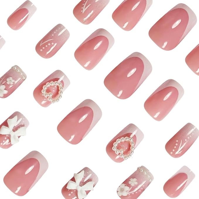 Press on Nails Square - Medium Fake Nails with Flower Bow Design - Heart, White French Tip False Nails for Women - 24 Pcs