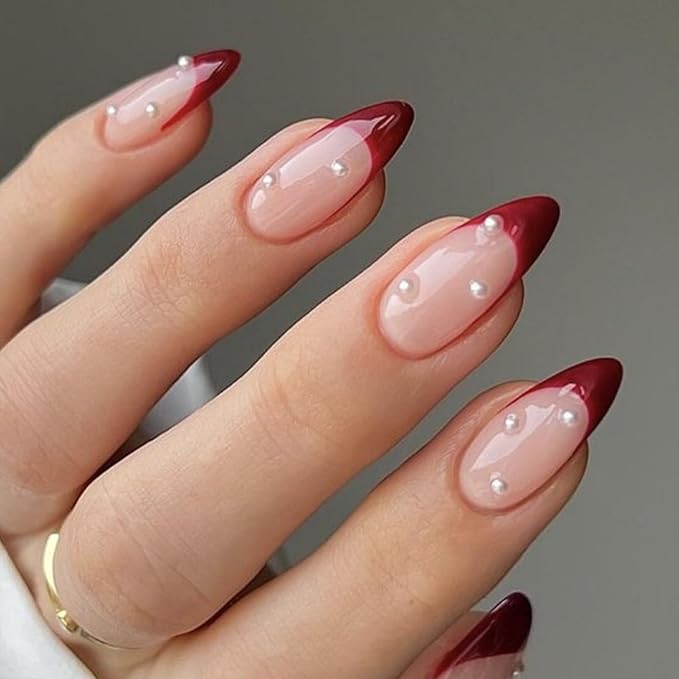 Rde French Tip Press on Nails Almond Medium Fake Nails with Design Pearl False Nails Press ons Glossy Full Cover Acrylic Glue on Nails Cute Artificial Stick on Nail for Women Manicure 24Pcs