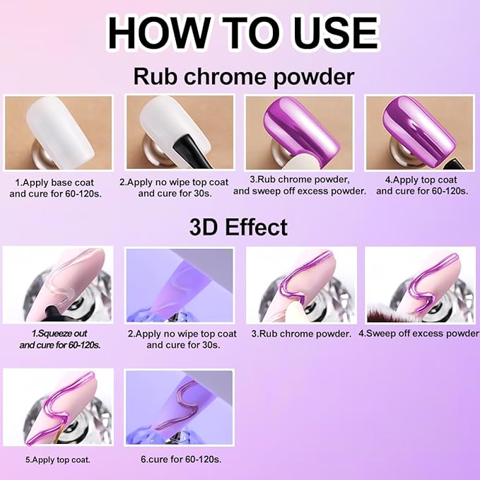 3D Nail Gel and Chrome Nail Powder Kit: 10g Sculpting Gel for Nail Art Metallic Mirror Effect Pigment Aurora Pearl Chrome Powder for Home DIY Salon Use (Purple)