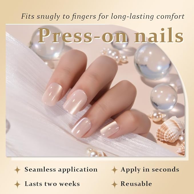 Cat Eye Nude Press On Nails Short Square, Designer Reusable Acrylic Fake Nails with Glue, Glossy Soft Gel Nails Wedding and Party, Stick On Glue On Nails, Nails Press Ons for Women