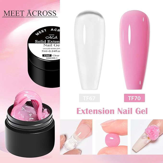 MEET ACROSS All-in-One Extension Mini Kit 2×7ml Non-Sticky Builder Gel Starter Kit WIth Base & Top Coat/Dual-Silicone Pen/Pro File/20-Pc Reusable Dual Forms Salon-Grade Extensions (Clear+Pink)