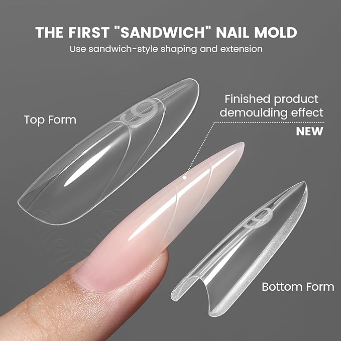 YOKEFELLOW Original Sandwich Nail Dual Form -240Pcs Almond Round Nails Forms with Guide Lines, 15 Sizes Top & Bottom Nails Mold for Builder Gel Nail Extensions
