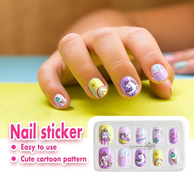 MU Unicorn Fantasy Kids Nail Polish Kit - 10 Water Based Polish Colors and Press On Nails, Quick Dry Peel Off Formula, Magical Unicorn Nail Polish Set for Girls, Birthday Party Gift Set