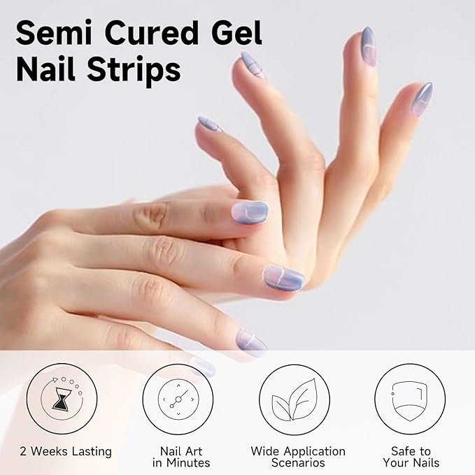 Semi Cured Gel Nail Strips, 28 pcs Gel Nail Stickers Work with Any UV Lights, Long-Lasting Nail Wraps, Stick on Nails for women Easy to Apply & Remove