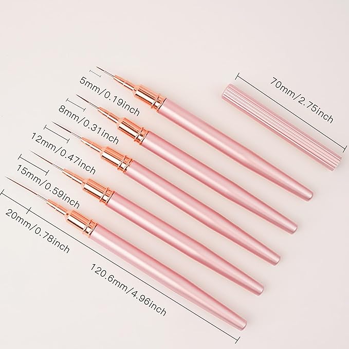 WOKOTO 5 Pcs Rose Gold Nail Art Liner Brushes Painting Nail Art Brush Set Nail Dotting Drawing Tool For Long Lines Thin Details Fine Drawing Sizes 5/8/12/15/20mm Liner Brushes With Metal Penholder
