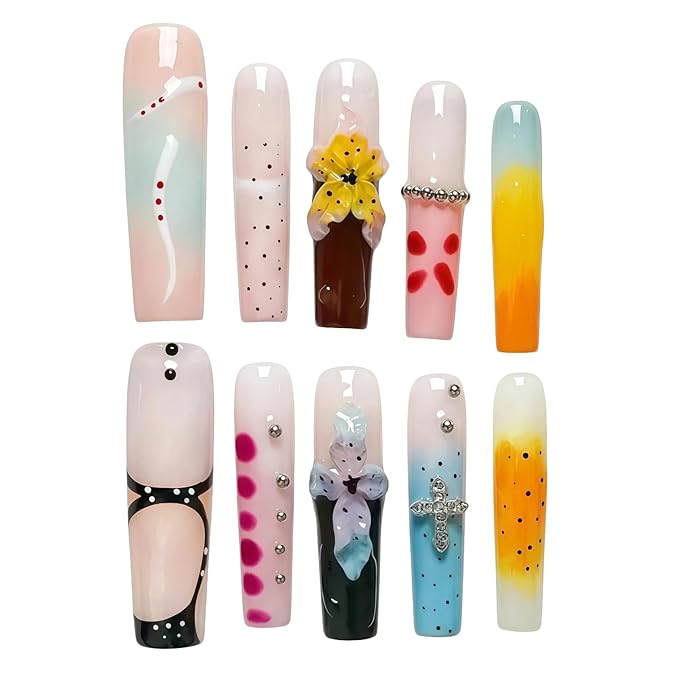 Long Square Press on Nails - Luxury Handmade French Tips Press on Nail with 3D Flowers & Rhinestones Cross Design，Multi-Layer Gel False Nails for Women (Ice Crystal Water Lily,S)