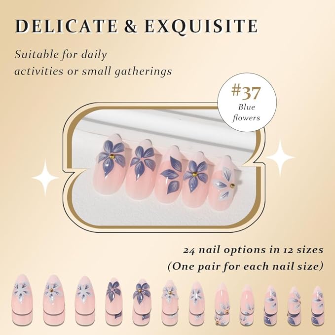 3D Press on Nails Short Almond with Blue Flower Design, Pink Nail White Tip Press ons Glossy Stick on Nails for Women with Kit, Reusable Soft Gel Stick on Cute Fake Nail with Designs Perfectly Fit