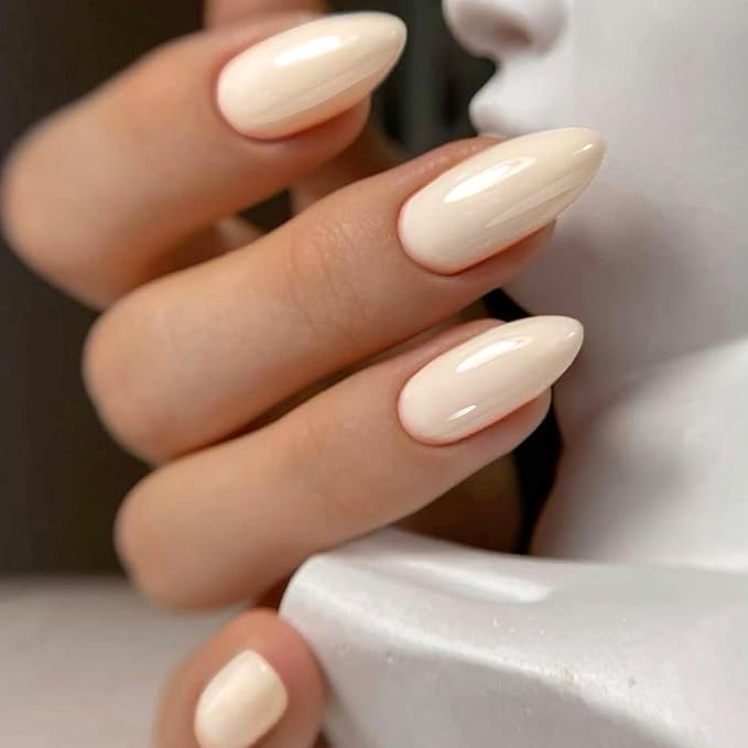 GLAMERMAID White Press on Nails Medium Almond, Handmade Milky Cream White Neutral Jelly Sofy Gel Glue on Nail Stiletto, Glossy Fake Nails Short Oval，Reusable Acrylic Stick on False Nail Kits for Women