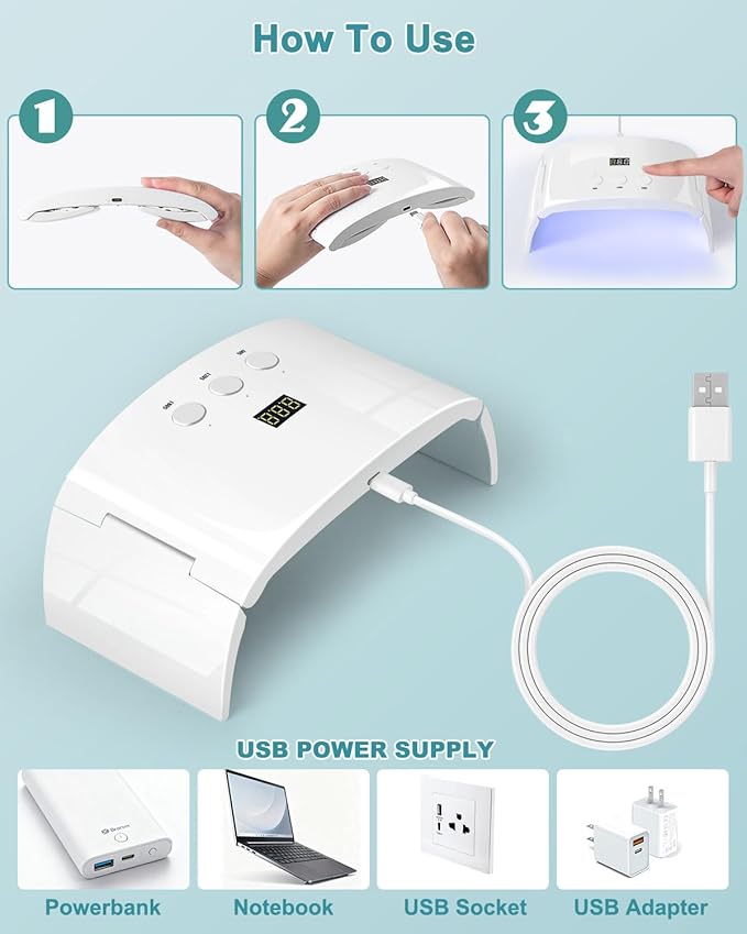 UV Led Nail Lamp Curing Light Dryer for Gel Nails,Roomy but not Bulky Foldable Design, 3 Timers & LCD Display,for Gel Nail Polish Builder Rhinestone Glue (White Lamp Pro)