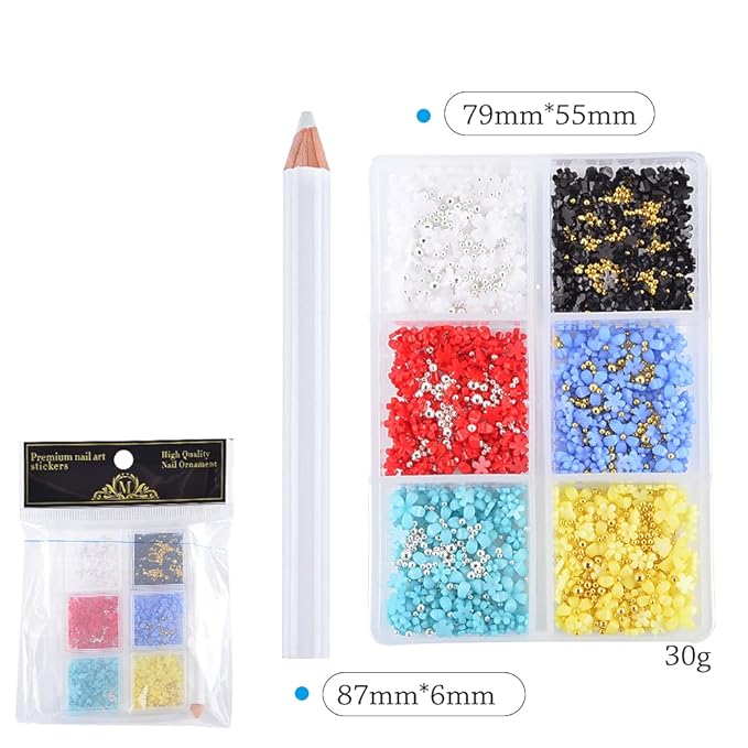 Mixed 3D Flower Nail Charms and Metal Caviar Beads, Acrylic Resin Flowers Nail Design Gold Silver Nail Ball Beads for DIY Decoration Nail Craft Accessories With Pickup Pencil(Bright Colors)