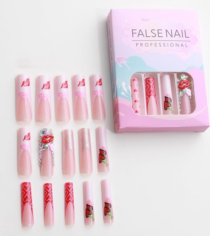 Press on Nails Square - Extra Long Fake Nails with 3D Rhinestones and Lips, White French Tips Cute Red False Nail, Fall Stick On Nails for Women, 12 Sizes - 24 Nail Kit, Velvet Temptation