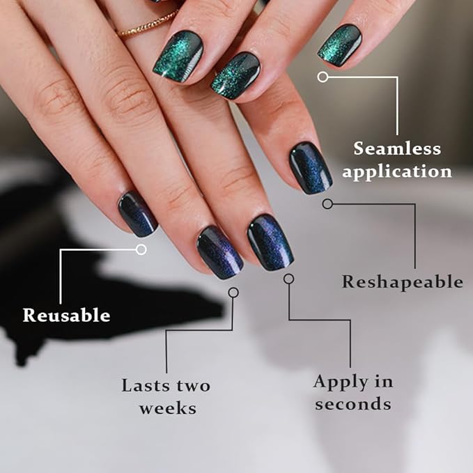 evpct Green Cat Eye Extra Short Press on Nails Square, Petite Short Square Stick on Nails for Women Gift, Emerald Green Metallic Glitter Glossy Reusable Gel Press on Acrylic Fake Nail with Designs