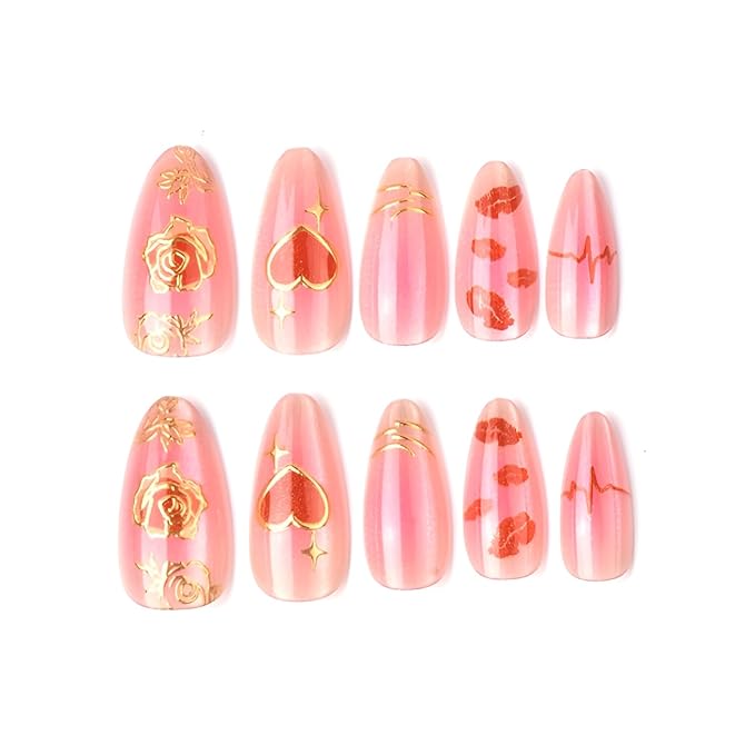 24Pcs Valentines Press on Nails Medium Almond Fake Nails Heart False Nails Flower Nails Press Ons with Gold Design Glossy Stick on Nail Gradient Glue on Nail for Women Decoration Set