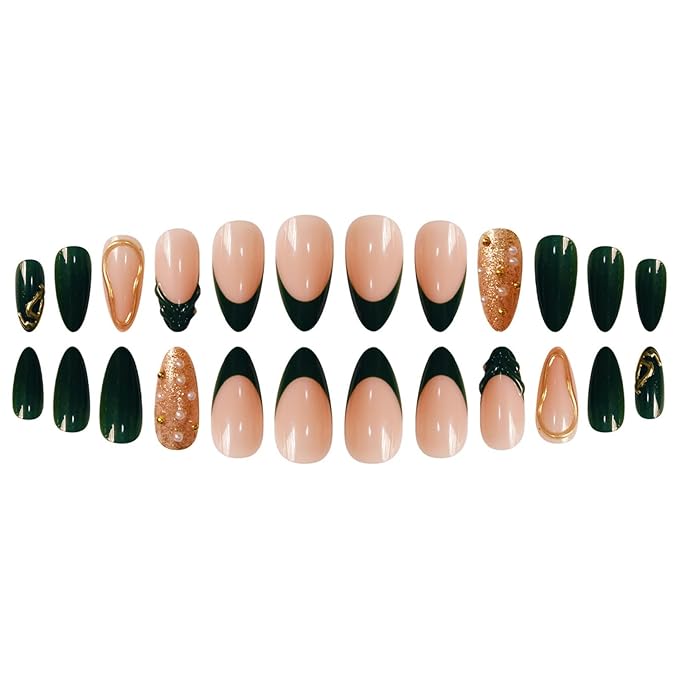 Short Press on Nails Almond Fake Nails French False Nails Green Artificial Nails with Gold Charm Designs Acrylic Nails Press ons Sparkly Stick on Nails for Women 24pcs