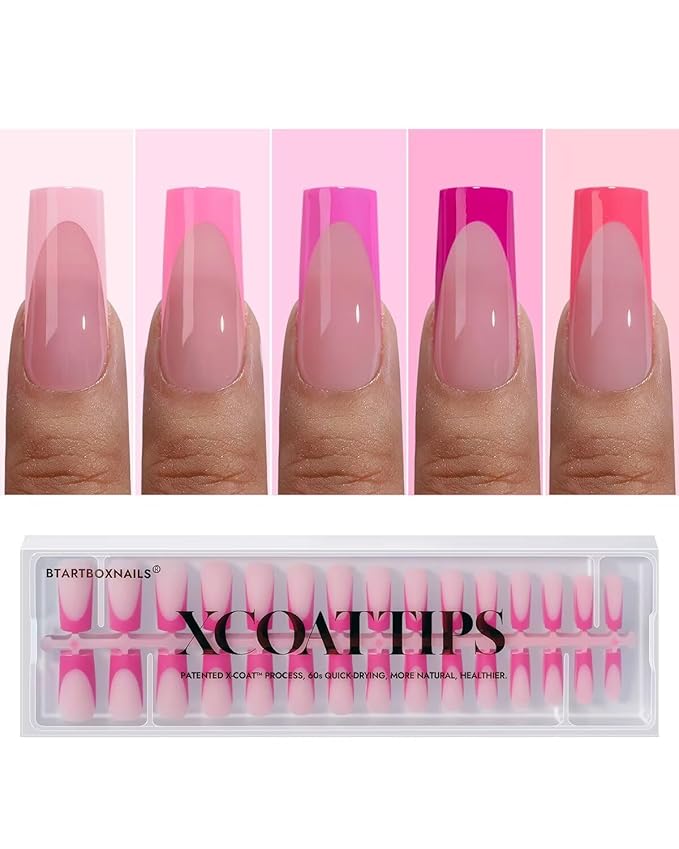 BTArtboxnails XCOATTIPS Pink French Tip Press On Nails - Long Press On Nails Square, Soft Gel Nail Tips, 150Pcs Soak Off Acrylic Pink Fake Nail Extension in 15 Sizes