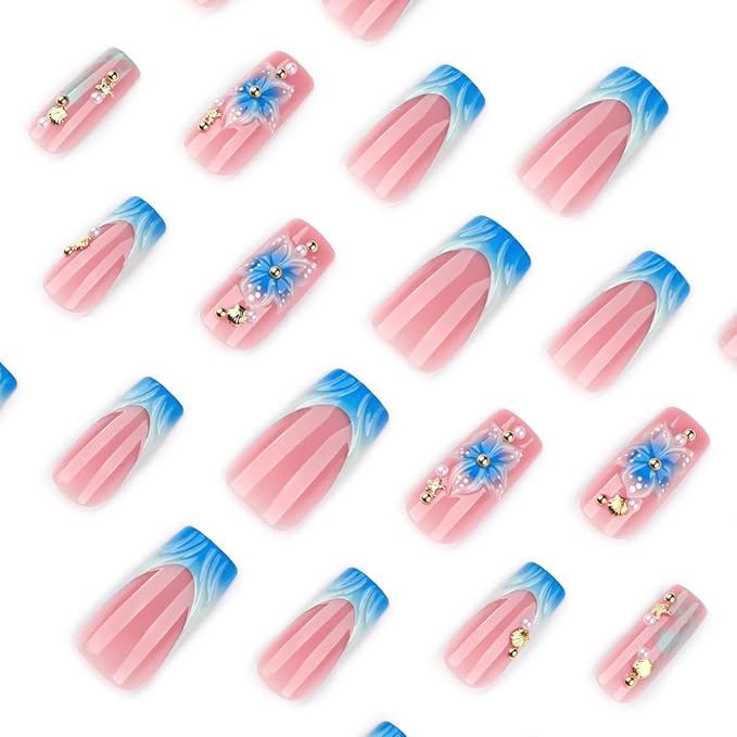 3D Press on Nails Long Square Blue French Tip Fake Nails Flower & Shell & Starfish Design Spring Summer False Nails Full Cover Glossy Stick on Nails for Women Manicure 24PCS