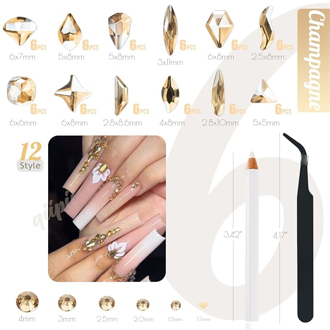 2052Pcs Champagne Gold Nail Rhinestones 72 Multi Shapes Golden Rhinestones for Nails Flatback Nail Gems +1980 K9 Glass Round Beads Stones Diamonds Nail Charms Art for Nails Faces Eyes Crafts