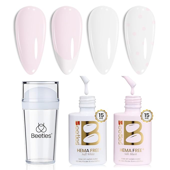 Beetles French Tip Gel Polish - Peach Mousse 15ML with French Tip Stamp, Hema Free White Light Pink Gel Nail Polish, Same Color Bottle, Soak Off UV LED Lamp French Nail Kit Art for Spring Nails