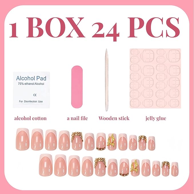 24Pcs White French Tip Press on Nails Short Square Gold Bow Fake Nails with Rhinestones Designs Full Cover Artificial Acrylic Nude Diamond Stick on Nails Reusable Glue on Nails for Women Manicure