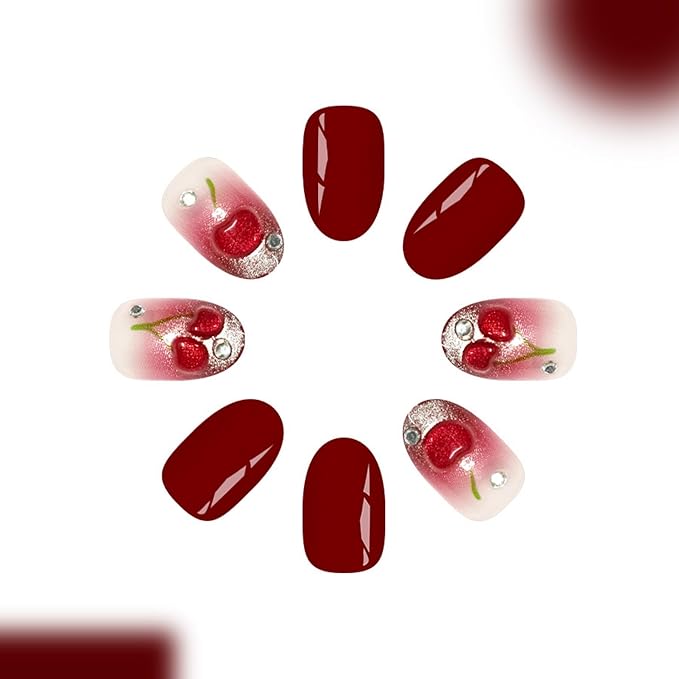 Almond Press on Nails Short Fake Nails Red Acrylic Nail Press ons SEENEEY Cat eyeCherry Stick on Nail for Women 24pcs