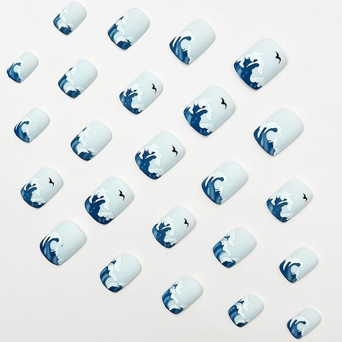 French Tip Square Acrylic Press-On Nails, 24Pcs, Blue, Waves Pattern, Matte Finish