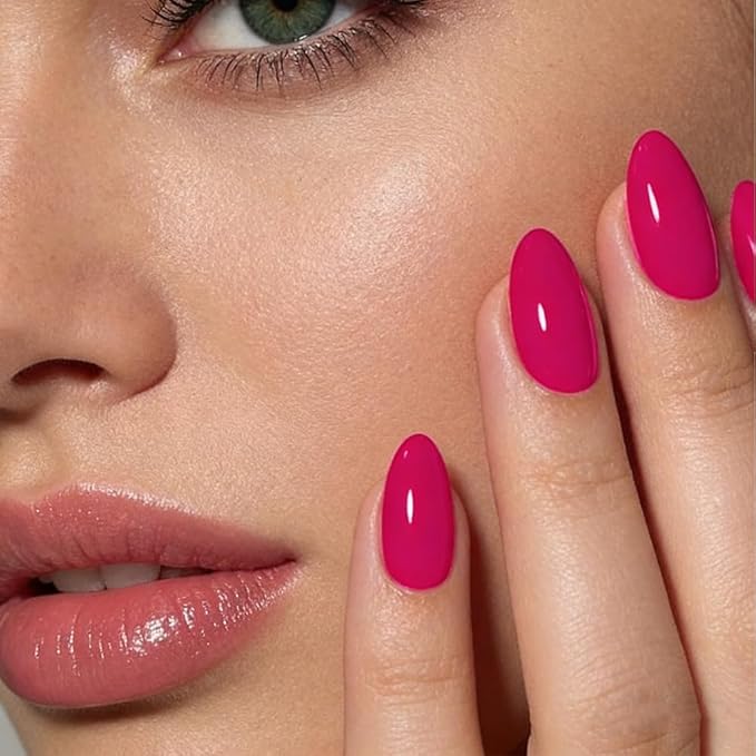 Red Press on Nails Short Almond Fake Nails Hot Pink False Nails Acrylic Glue on Nails Press ons Cute Artificial Stick on Nails for Women Decorations 24 Pcs