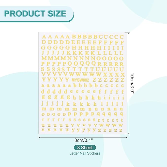 PATIKIL Letter Nail Stickers, 8 Sheet 3D Self-Adhesive English Letter Nail Decals Small Alphabet Art Sticker Metallic Fluorescence Design Manicure for Women DIY Decor, Gold