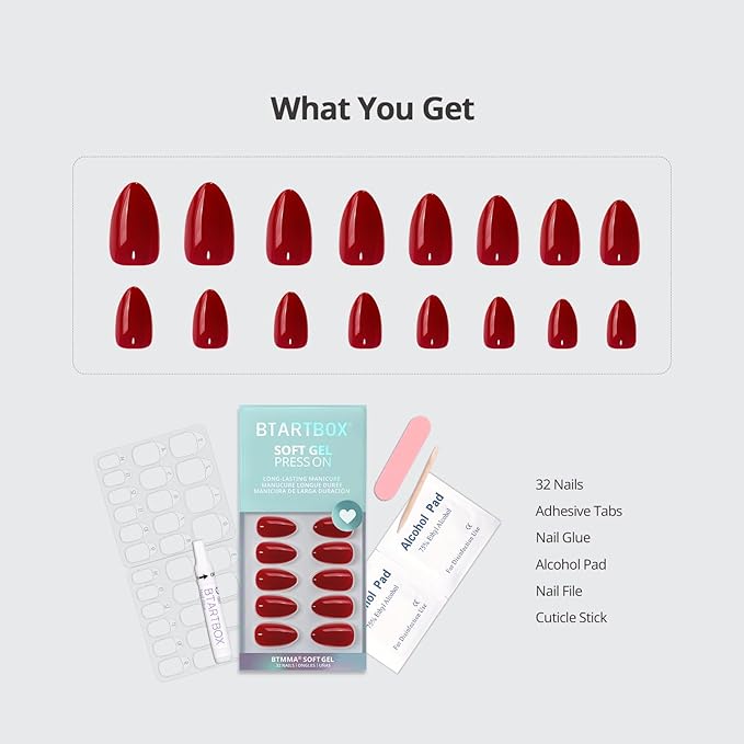 BTArtbox Press On Nails Almond - Pastel Red Short Press On Nails with Glue for Women, Opaque Soft Gel Glue On Nails in 16 Sizes - 32 Stick On Nails Kit, Power Suit