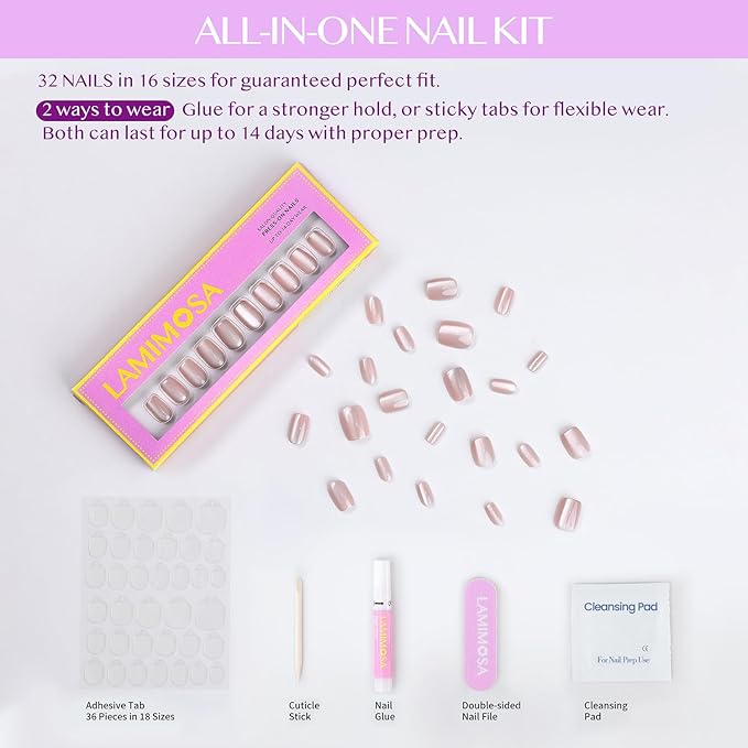 LAMIMOSA 32Pcs Nude Cat Eye Press On Nails Short Square – Soft Gel Glittery Fake Nails in 16 Sizes, Reusable Neutral Glue on Nails Kit, SILK MIRAGE