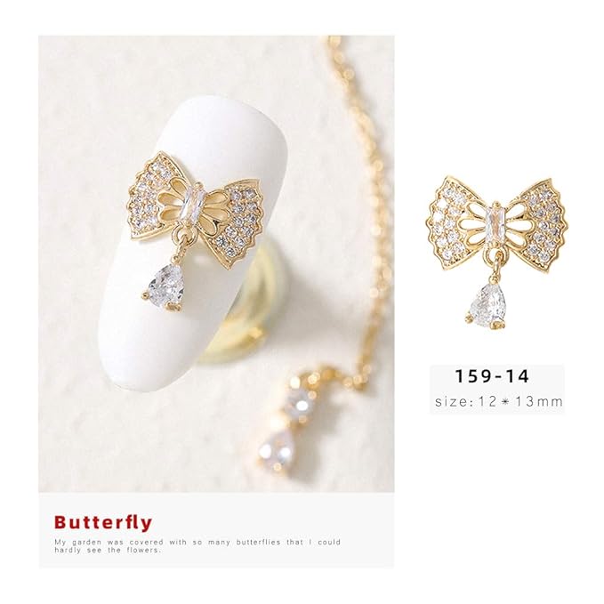 HNUIX Butterfly Nail Charms and Gems - Gold Copper Zircon, Multiple Shapes, Metal Bow-Knot Jewelry Rhinestones Charms, 27Pieces
