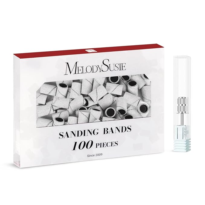 MelodySusie 100 Pcs Nail Drill Bits Sanding Bands for Nail Drill 180 Fine Grit Nail File Sanding Bands for Acrylic Nails Gel Manicures and Pedicure