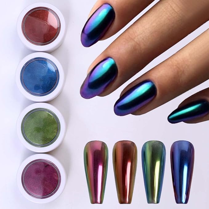 Chameleon Nail Glitter Powder Set – 4 Colors Holographic Chrome Powder for Nails, High-Gloss Color-Shifting Pigment with Brush – Nail Art Decoration for Carnival, Cosplay & Holiday Parties